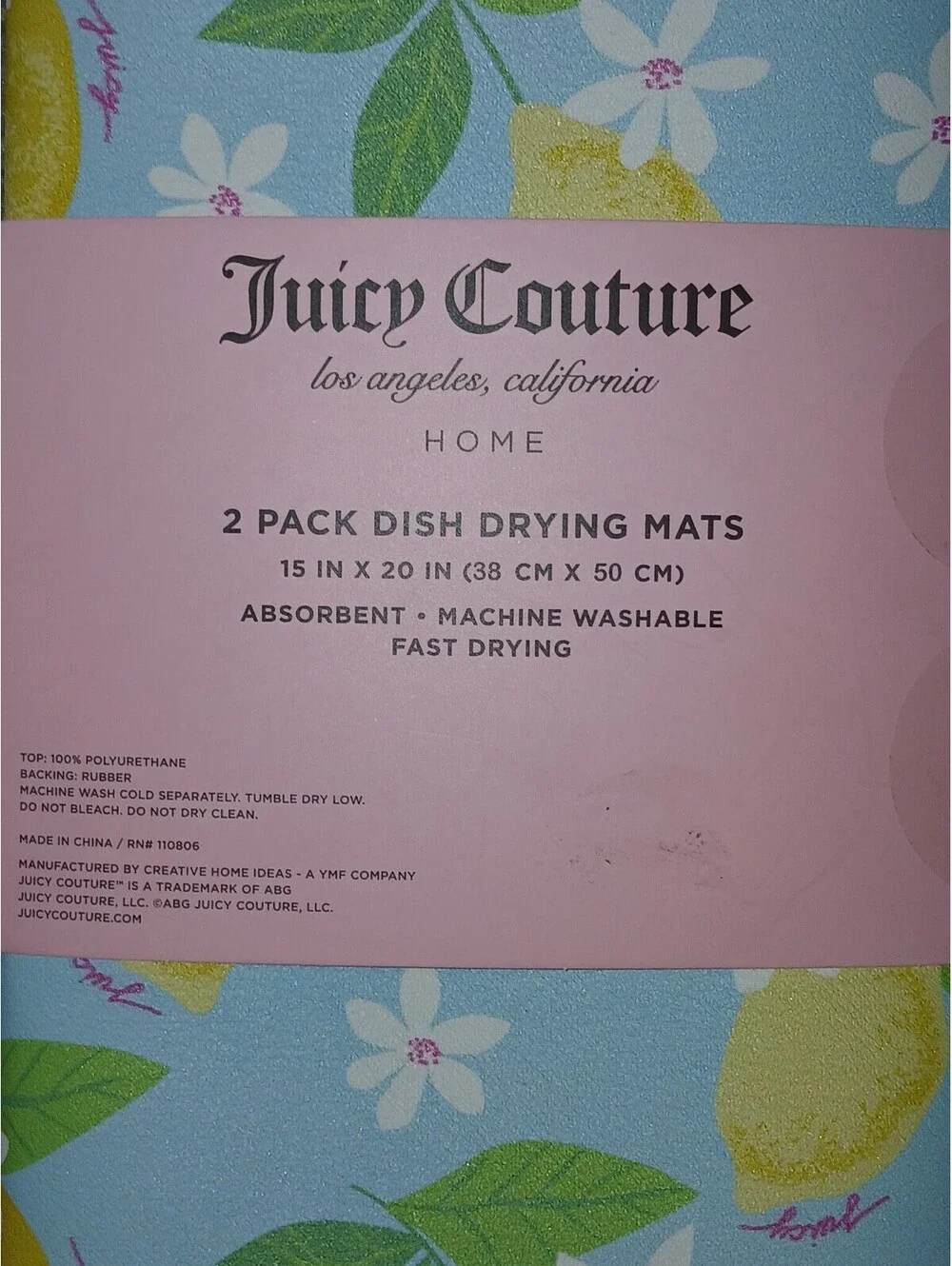 Juicy Couture 2 Pc Lemon Floral Dish Drying Mat Set Kitchen NWT Lemon Girl Core